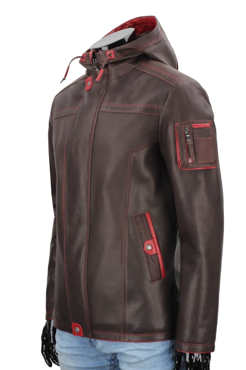 AMDU122B - Skórzana brązowa kurtka męska z kapturem PREMIUM ozdobne kieszenie z czerwonymi elementami DORJAN