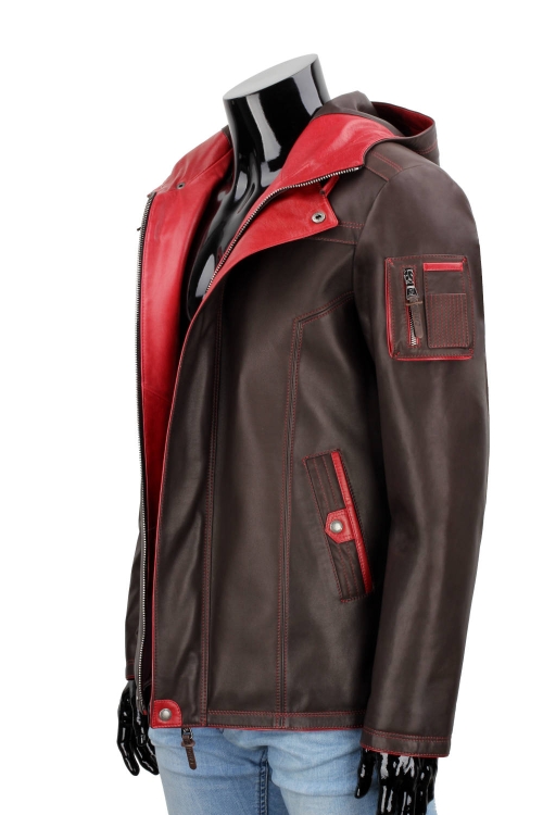 AMDU122B - Skórzana brązowa kurtka męska z kapturem PREMIUM uszyta z dwóch kolorów skóry DORJAN