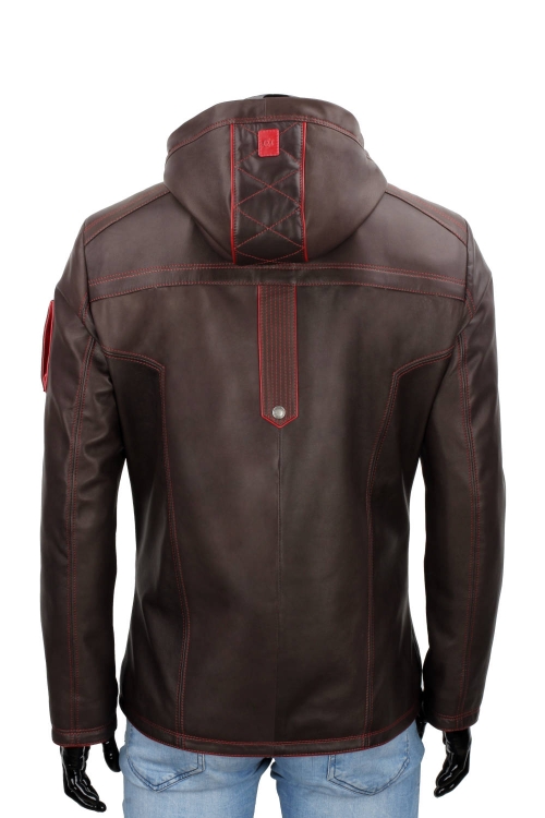 AMDU122B - Skórzana brązowa kurtka męska z kapturem PREMIUM plecy i pikowany kaptur DORJAN