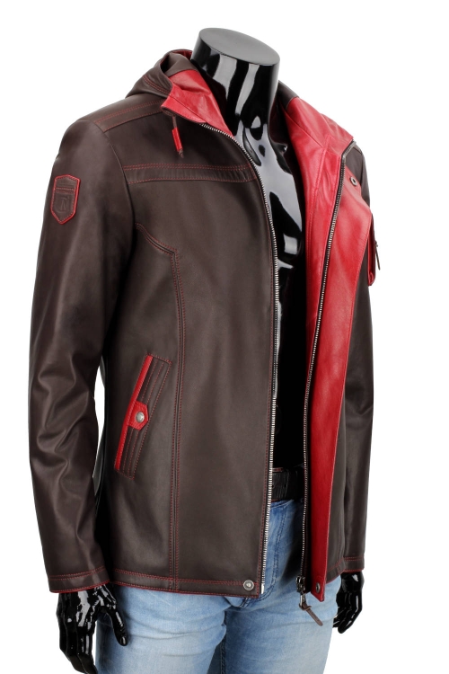 AMDU122B - Skórzana brązowa kurtka męska z kapturem PREMIUM model przejściowy na wiosnę i jesień DORJAN