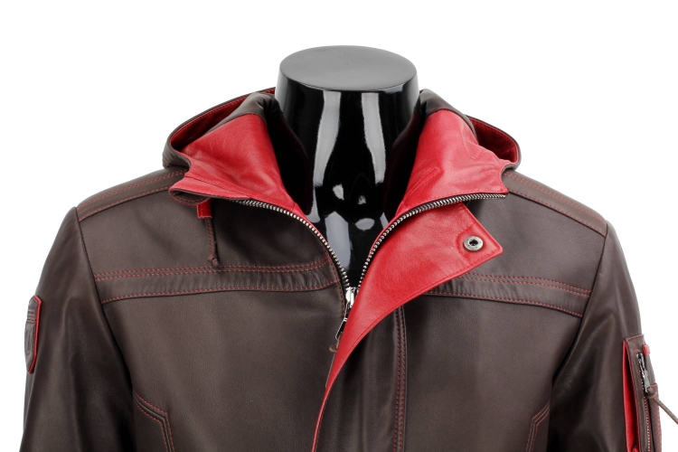 AMDU122B - Skórzana brązowa kurtka męska z kapturem z dwóch kolorów skóry PREMIUM jakość DORJAN