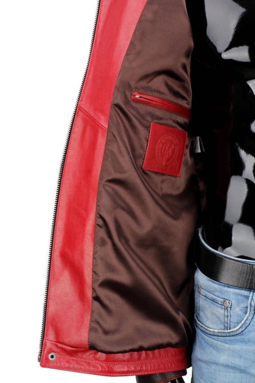 AMDU122B - Skórzana brązowa kurtka męska z kapturem PREMIUM wykończona od środka brązową podszewką DORJAN