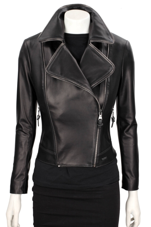 VIK450 - Ramoneska damska z ozdobnymi zamkami z asymetrycznym zapięciem DORJAN