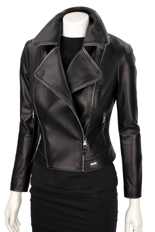 VIK450 - Ramoneska damska z ozdobnymi zamkami z asymetrycznym zapięciem i wysokim kołnierzem DORJAN