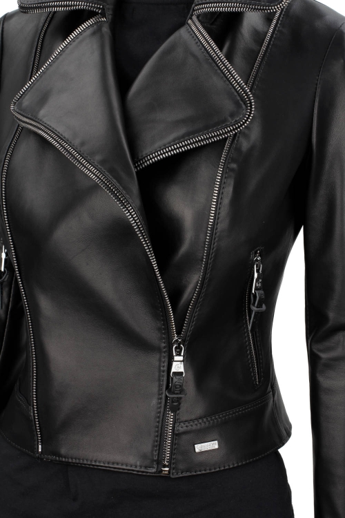 VIK450 - Ramoneska damska z ozdobnymi zamkami z asymetrycznym zapięciem DORJAN