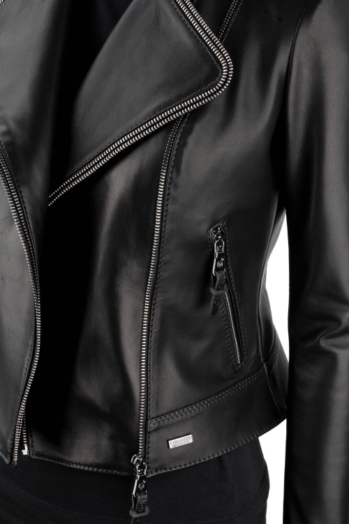 VIK450 - Ramoneska damska z ozdobnymi zamkami z asymetrycznym zamkiem i z bocznymi kieszeniami DORJAN