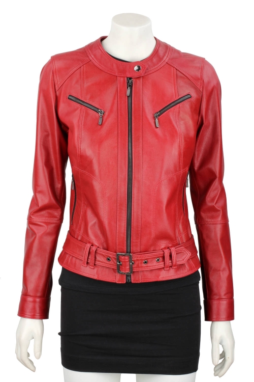 SAR467 - czerwona damska kurtka skórzana z paskiem na klamrę DORJAN 1.JPG