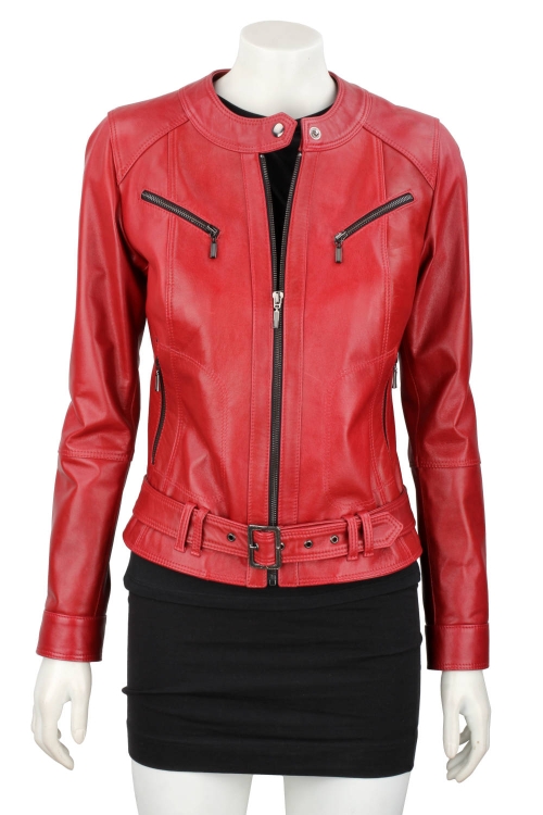SAR467 - czerwona damska kurtka skórzana z paskiem na klamrę DORJAN 2.JPG