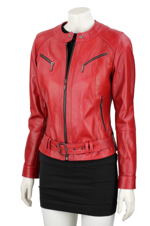 SAR467 - czerwona damska kurtka skórzana z paskiem na klamrę DORJAN 3.JPG