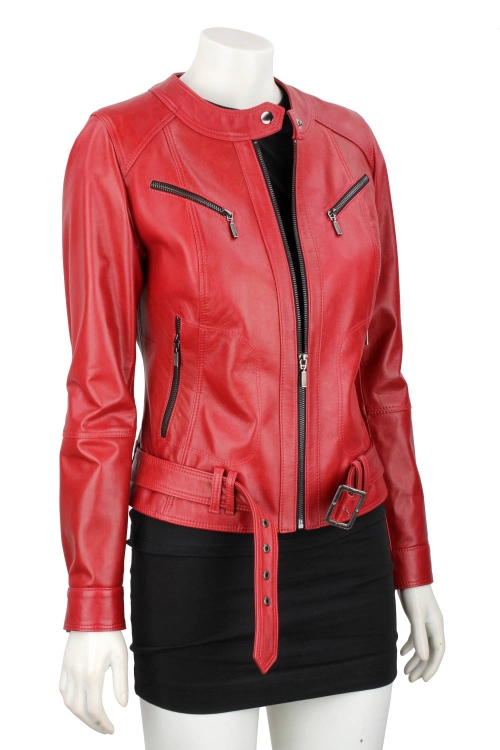 SAR467 - czerwona damska kurtka skórzana z paskiem na klamrę DORJAN 5.JPG
