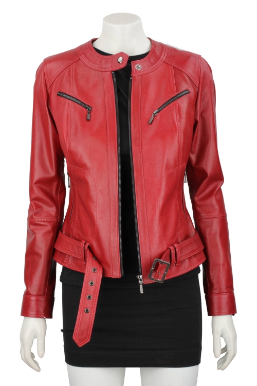 SAR467 - czerwona damska kurtka skórzana z paskiem na klamrę DORJAN 7.JPG