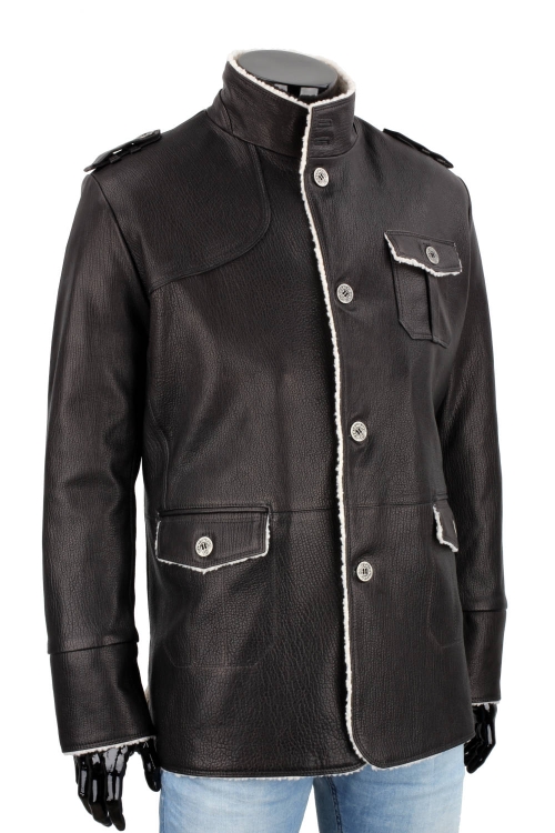 ELV950S - Czarna kurtka ze skóry męska poszyta kożuchem eko DORJAN 7.JPG