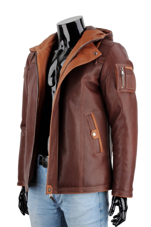 AMD126 - Ekskluzywna brązowa skórzana kurtka męska z kapturem PREMIUM DORJAN 4.JPG
