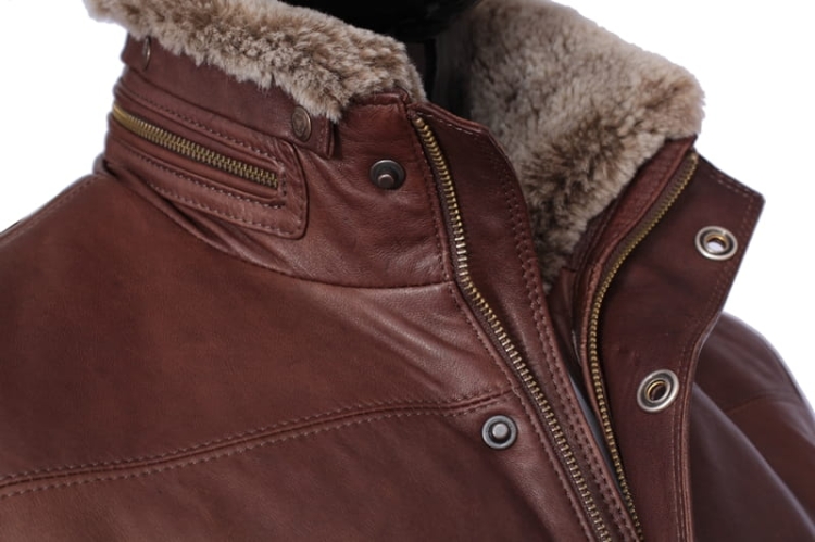 Kurtka skórzana pikowana męska CARLO MONTI BRU117 , futrzany kołnierz 
