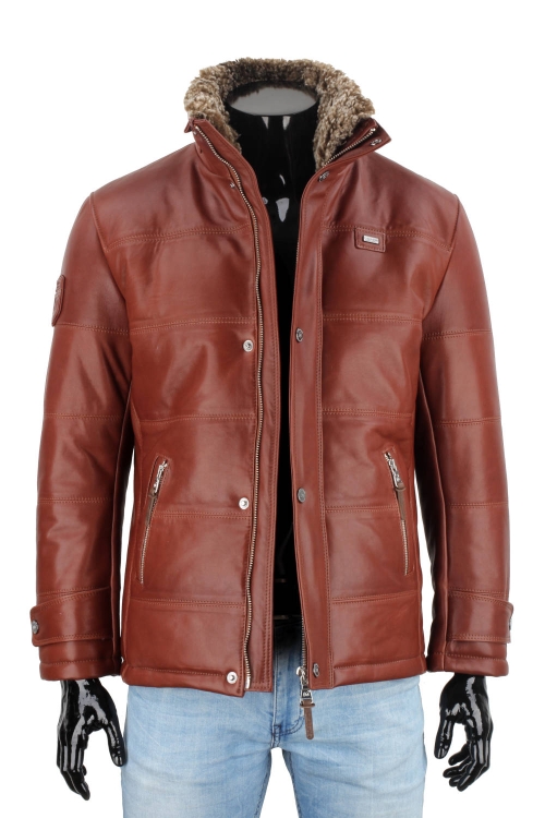 BRU122A - Ciepła brązowa kurtka skórzana męska pikowana DORJAN  1.JPG