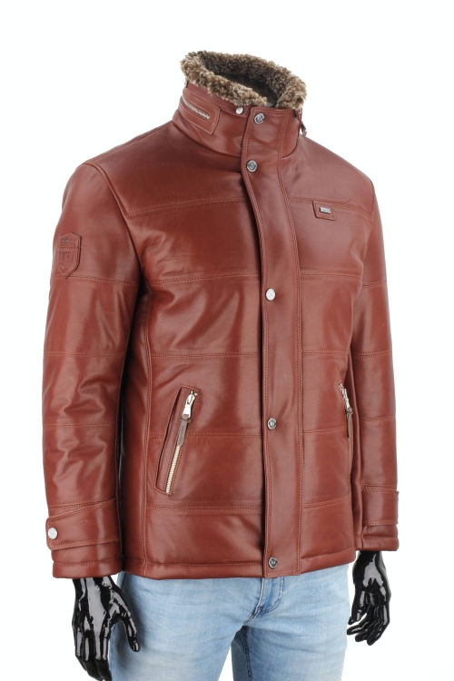 BRU122A - Ciepła brązowa kurtka skórzana męska pikowana DORJAN  2.JPG