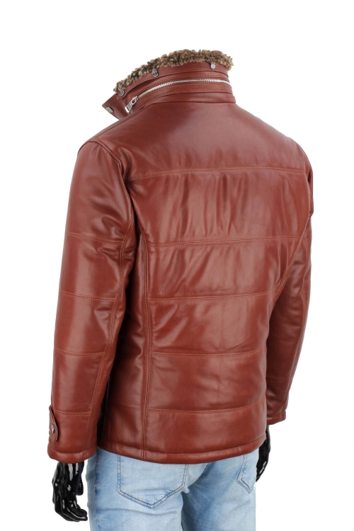 BRU122A - Ciepła brązowa kurtka skórzana męska pikowana DORJAN  4.JPG