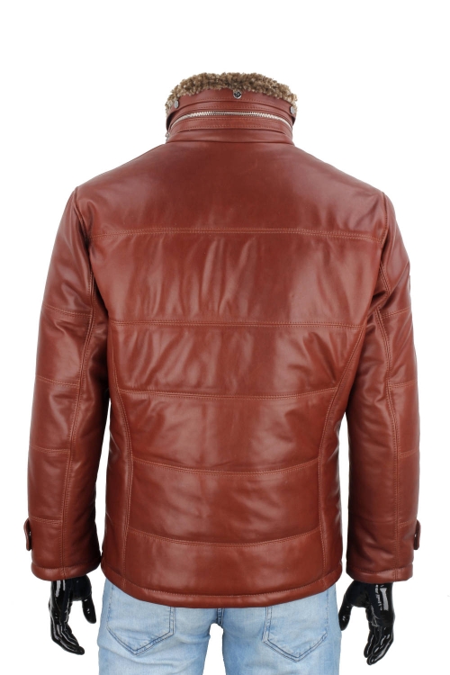 BRU122A - Ciepła brązowa kurtka skórzana męska pikowana DORJAN  5.JPG