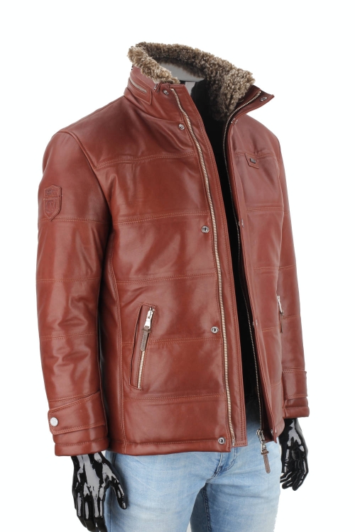 BRU122A - Ciepła brązowa kurtka skórzana męska pikowana DORJAN  6.JPG