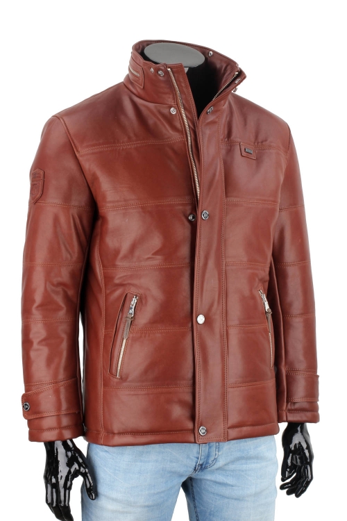 BRU122A - Ciepła brązowa kurtka skórzana męska pikowana DORJAN  7.JPG