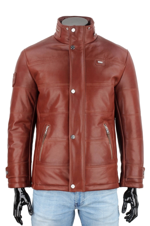 BRU122A - Ciepła brązowa kurtka skórzana męska pikowana DORJAN  8.JPG