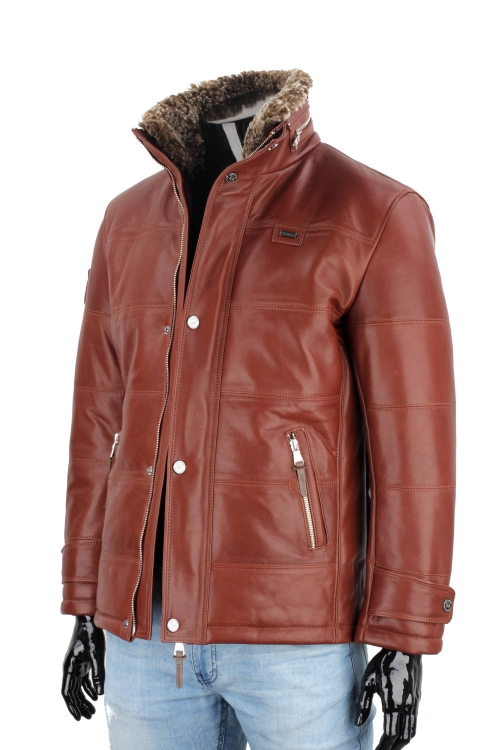 BRU122A - Ciepła brązowa kurtka skórzana męska pikowana DORJAN  10.JPG