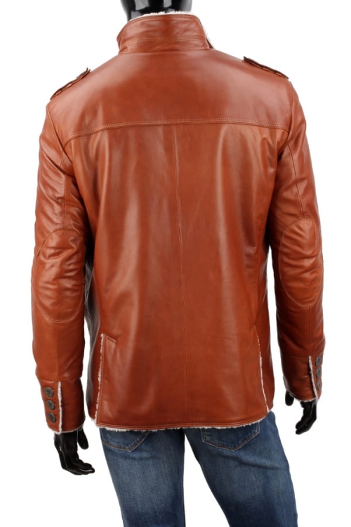 ELV090 - Kurtka skórzana męska w ujęciu od tyłu, z widocznym karczkiem oraz zapięciami rękawów DORJAN