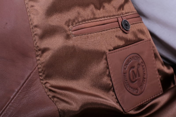 Kurtka skórzana pikowana męska DORJAN CM BRU216 kieszeń wewnętrzna i logo