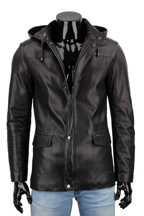 FLX450 - Uniwersalna czarna kurtka skórzana męska z kapturem, zapięta DORJAN