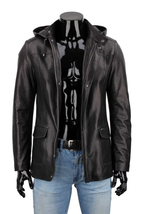 FLX450 - Wszechstronna czarna kurtka skórzana męska z odpinanym kapturem, rozpięty zamek DORJAN