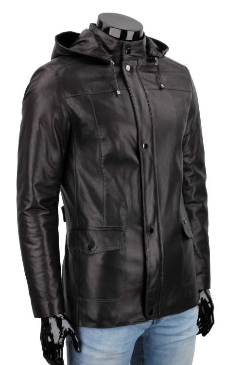 FLX450 - Uniwersalna czarna kurtka skórzana męska z kapturem, ujęcie bokiem DORJAN