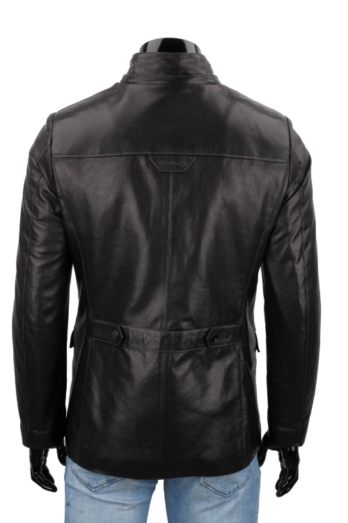 FLX450 - Uniwersalna czarna kurtka skórzana męska, zdjęcie pleców z odpiętym kapturem DORJAN