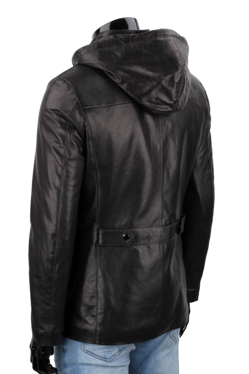 FLX450 - Uniwersalna czarna kurtka skórzana męska z kapturem, pokazana od tyłu DORJAN