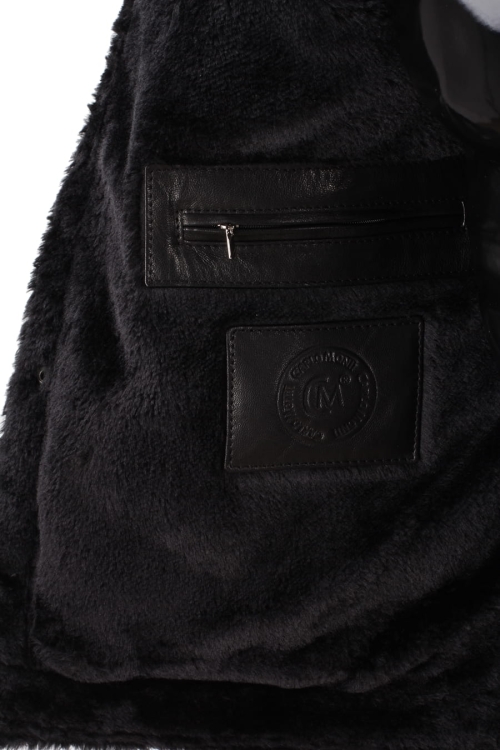 KTMK450 - Czarna katana skórzana męska z kożuchem /kieszenie wewnętrzne na klatce piersiowej DORJAN