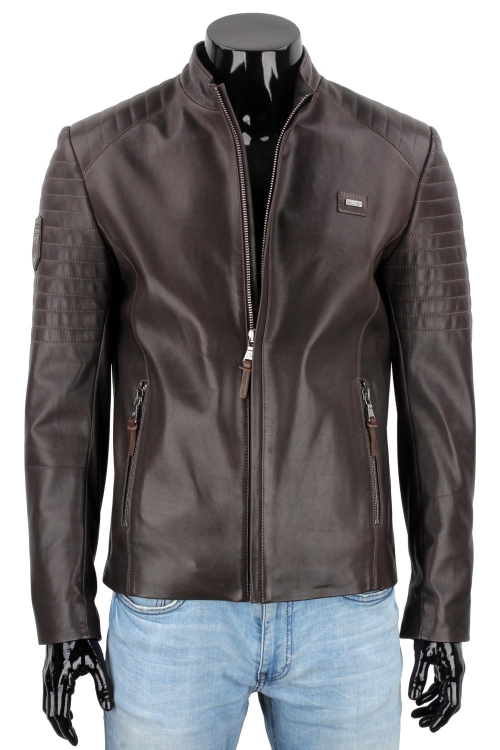 VIT124 - Męska kurtka skórzana casual w kolorze ciemnego brązu DORJAN 2.JPG