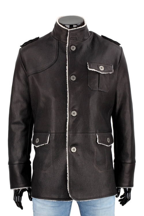 ELV950S - Czarna kurtka ze skóry męska poszyta kożuchem eko DORJAN 1.JPG