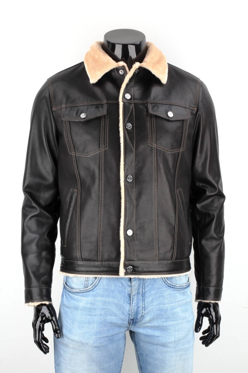 KTMK951 - Czarna katana skórzana męska z kożuchem eko DORJAN 3.JPG