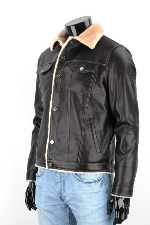 KTMK951 - Czarna katana skórzana męska z kożuchem eko DORJAN 5.JPG