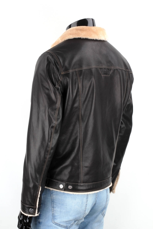 KTMK951 - Czarna katana skórzana męska z kożuchem eko DORJAN 6.JPG