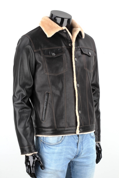 KTMK951 - Czarna katana skórzana męska z kożuchem eko DORJAN 8.JPG