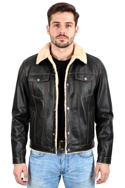 M-044 - KTMK951 - Czarna katana skórzana męska z kożuchem eko DORJAN 4.JPG