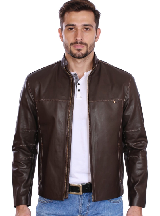 M-310 Brązowa męska kurtka skórzana z kontrastowymi nićmi - rozmiar XL - Wyprzedaż DORJAN.jpg