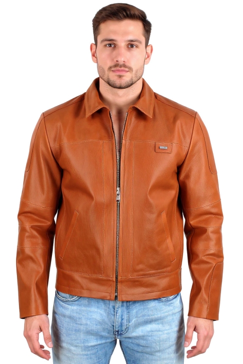M-284 Kurtka skórzana męska w stylu vintage z camelowej skóry - rozmiar M - Wyprzedaż DORJAN.jpg