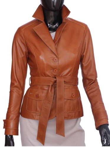 MNA085 - camelowa marynarka skórzana damska z paskiem zapinana na guziki DORJAN