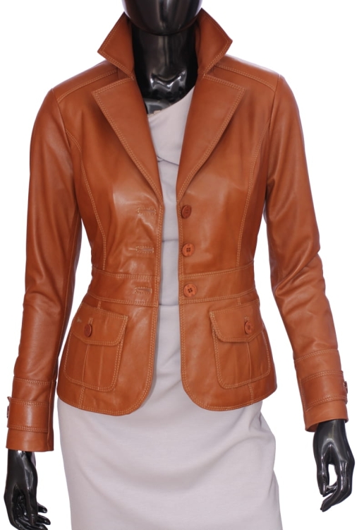 MNA085 - camelowa marynarka skórzana damska z paskiem i z wysokim kołnierzem DORJAN