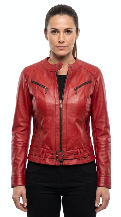 M-231 - czerwona damska kurtka skórzana z paskiem - Wyprzedaż DORJAN