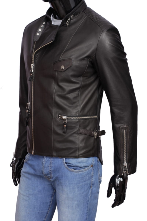 LEO950_3 - Ramoneska Skórzana Męska Vintage Carlo Monti z rękawem regulowanym zamkiem