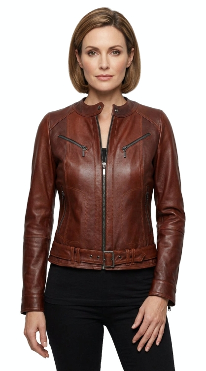 M-242 - brązowa kurtka skórzana z paskiem - Wyprzedaż DORJAN