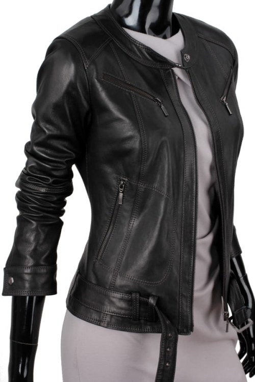 SAR450_1 - Czarna kurtka skórzana damska w rockowym stylu zapinana na zamek DORJAN