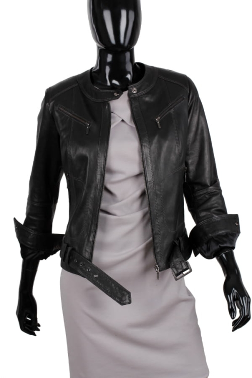 SAR450_1 - Czarna kurtka skórzana damska w rockowym stylu zapinana na zamek DORJAN